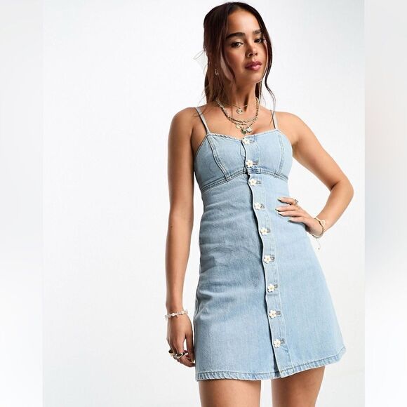 ASOS Urban Revivo Denim Cami Mini Dress with Daisy Buttons in Blue - Picture 2 of 10